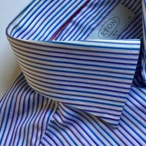 ETON slim light blue & brown pinstriped cotton shirt Sz 15 made in Europe